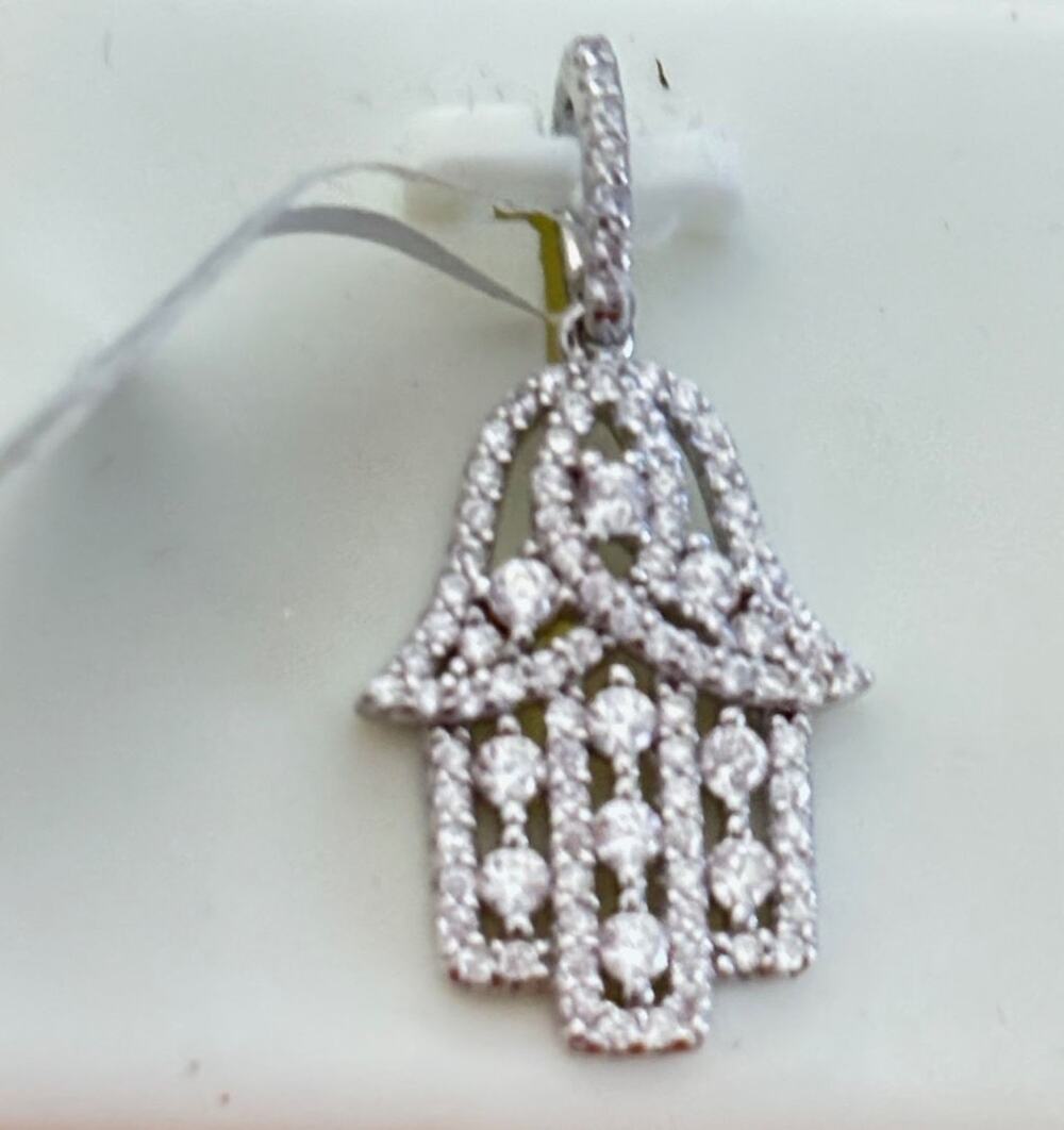925 Sterling Silver Iced Cubic Zirconia Hamsa Hand Pendant CZ 28mm